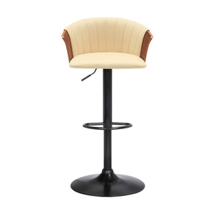 Cream And Black Faux Leather And Fabric And Metal Adjustable Height Swivel Bar Chair