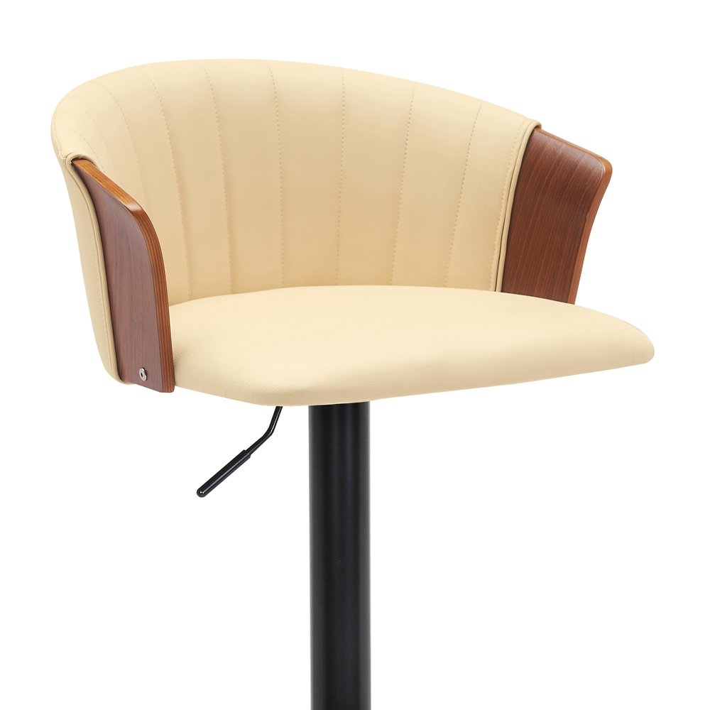 Cream And Black Faux Leather And Fabric And Metal Adjustable Height Swivel Bar Chair