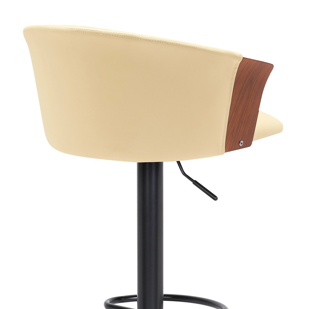 Cream And Black Faux Leather And Fabric And Metal Adjustable Height Swivel Bar Chair