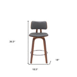 26" Gray And Wood Brown Faux Leather Swivel Low Back Counter Height Bar Chair