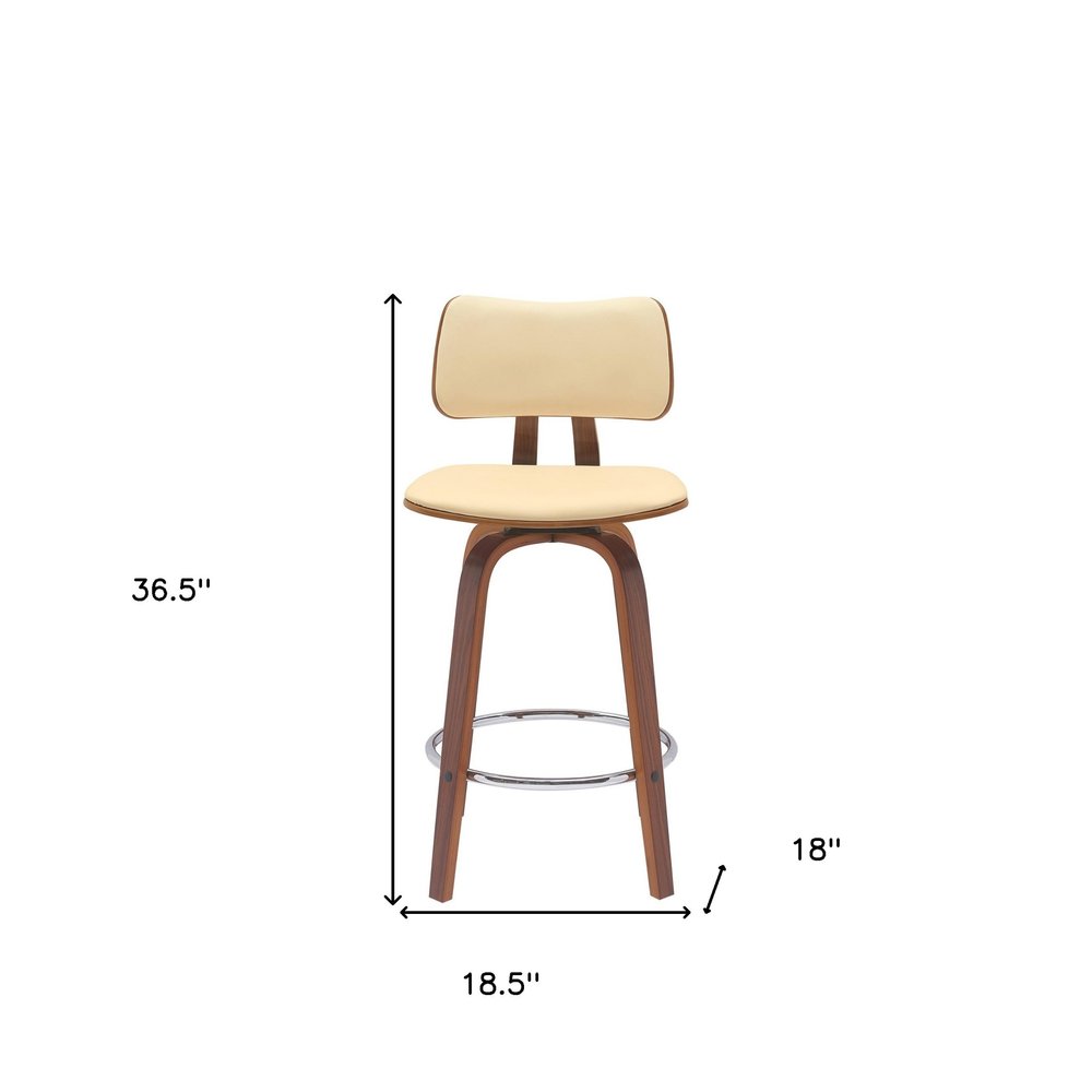 26" Cream And Wood Brown Faux Leather Swivel Low Back Counter Height Bar Chair
