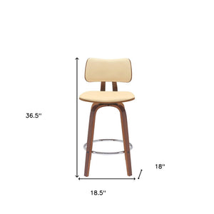 26" Cream And Brown Faux Leather And Fabric And Wood Low Back Counter Height Swivel Bar Chair