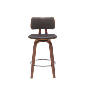 26" Brown Faux Leather And Fabric And Wood Low Back Counter Height Swivel Bar Chair