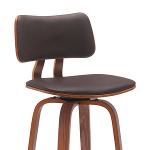26" Brown And Wood Brown Faux Leather Swivel Low Back Counter Height Bar Chair