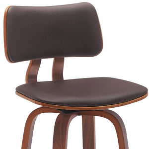 26" Brown Faux Leather And Fabric And Wood Low Back Counter Height Swivel Bar Chair