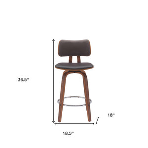 26" Brown Faux Leather And Fabric And Wood Low Back Counter Height Swivel Bar Chair