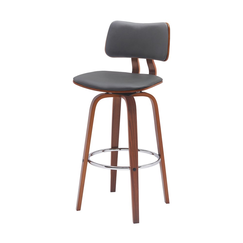 30" Gray And Brown Faux Leather And Fabric And Wood Low Back Bar Height Swivel Bar Chair
