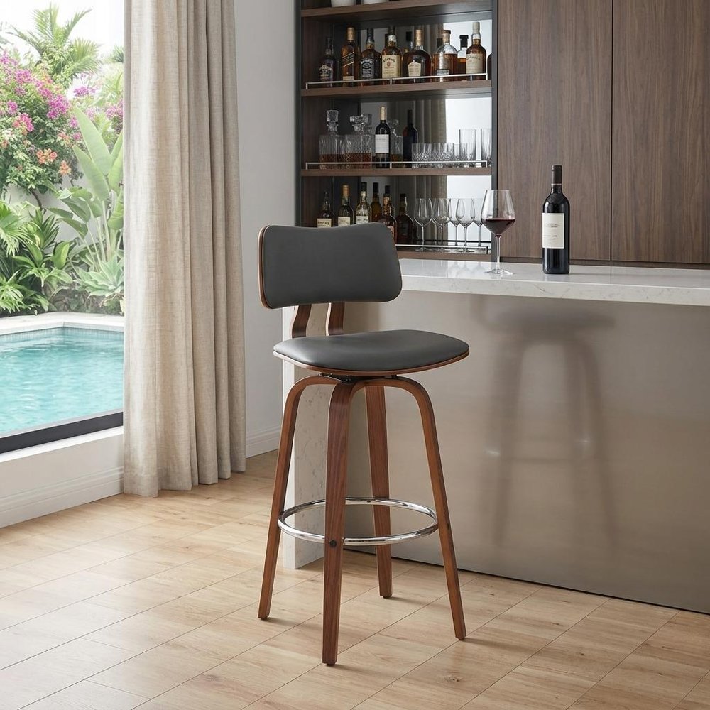 30" Gray And Brown Faux Leather And Fabric And Wood Low Back Bar Height Swivel Bar Chair