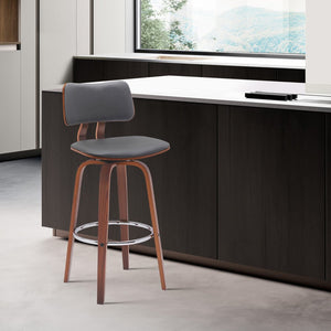 30" Gray And Brown Faux Leather And Fabric And Wood Low Back Bar Height Swivel Bar Chair