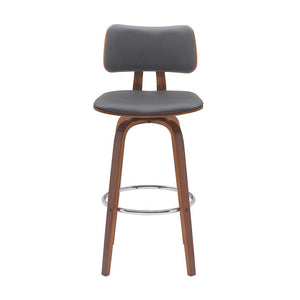 30" Gray And Brown Faux Leather And Fabric And Wood Low Back Bar Height Swivel Bar Chair