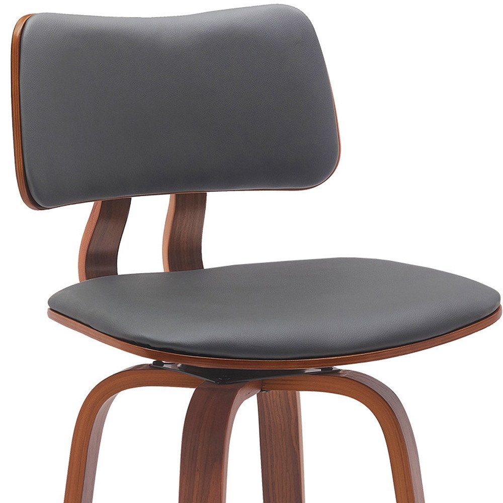 30" Gray And Brown Faux Leather And Fabric And Wood Low Back Bar Height Swivel Bar Chair