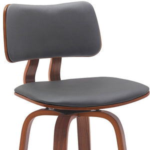 30" Gray And Brown Faux Leather And Fabric And Wood Low Back Bar Height Swivel Bar Chair