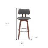 30" Gray And Wood Brown Faux Leather Swivel Low Back Bar Height Bar Chair