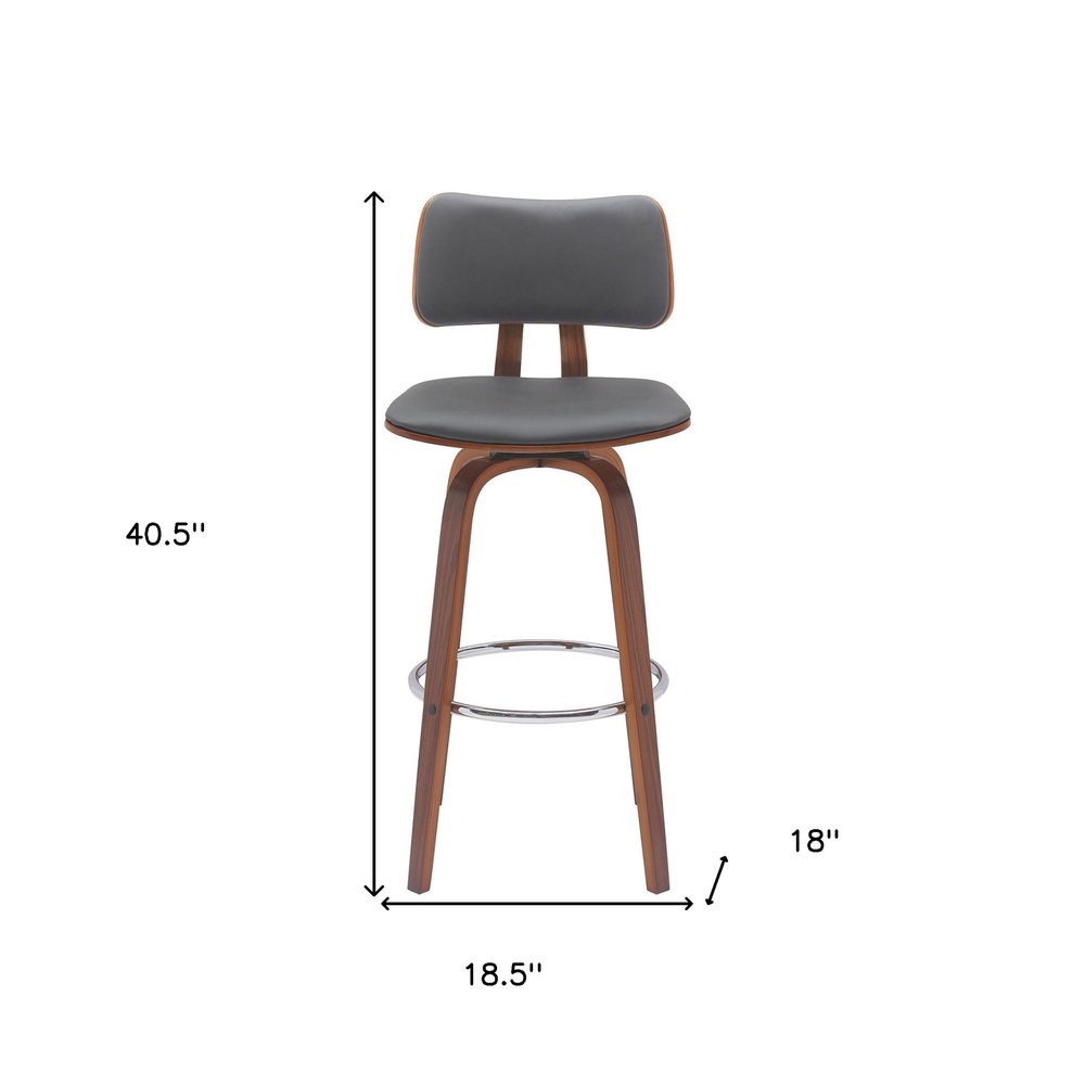30" Gray And Brown Faux Leather And Fabric And Wood Low Back Bar Height Swivel Bar Chair