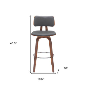 30" Gray And Brown Faux Leather And Fabric And Wood Low Back Bar Height Swivel Bar Chair