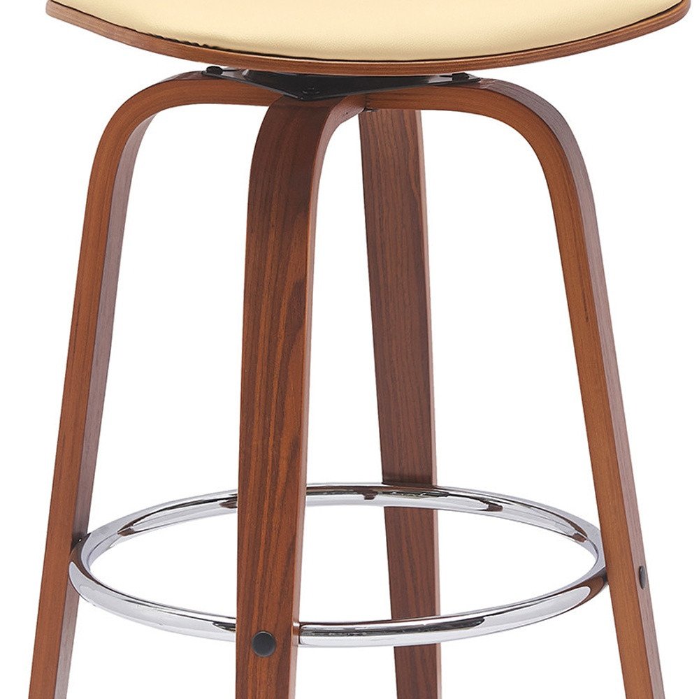 30" Cream And Wood Brown Faux Leather Swivel Low Back Bar Height Bar Chair