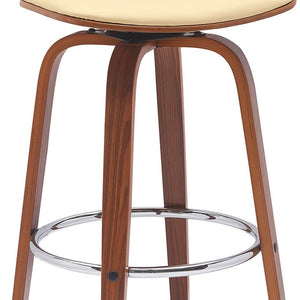 30" Cream And Wood Brown Faux Leather Swivel Low Back Bar Height Bar Chair