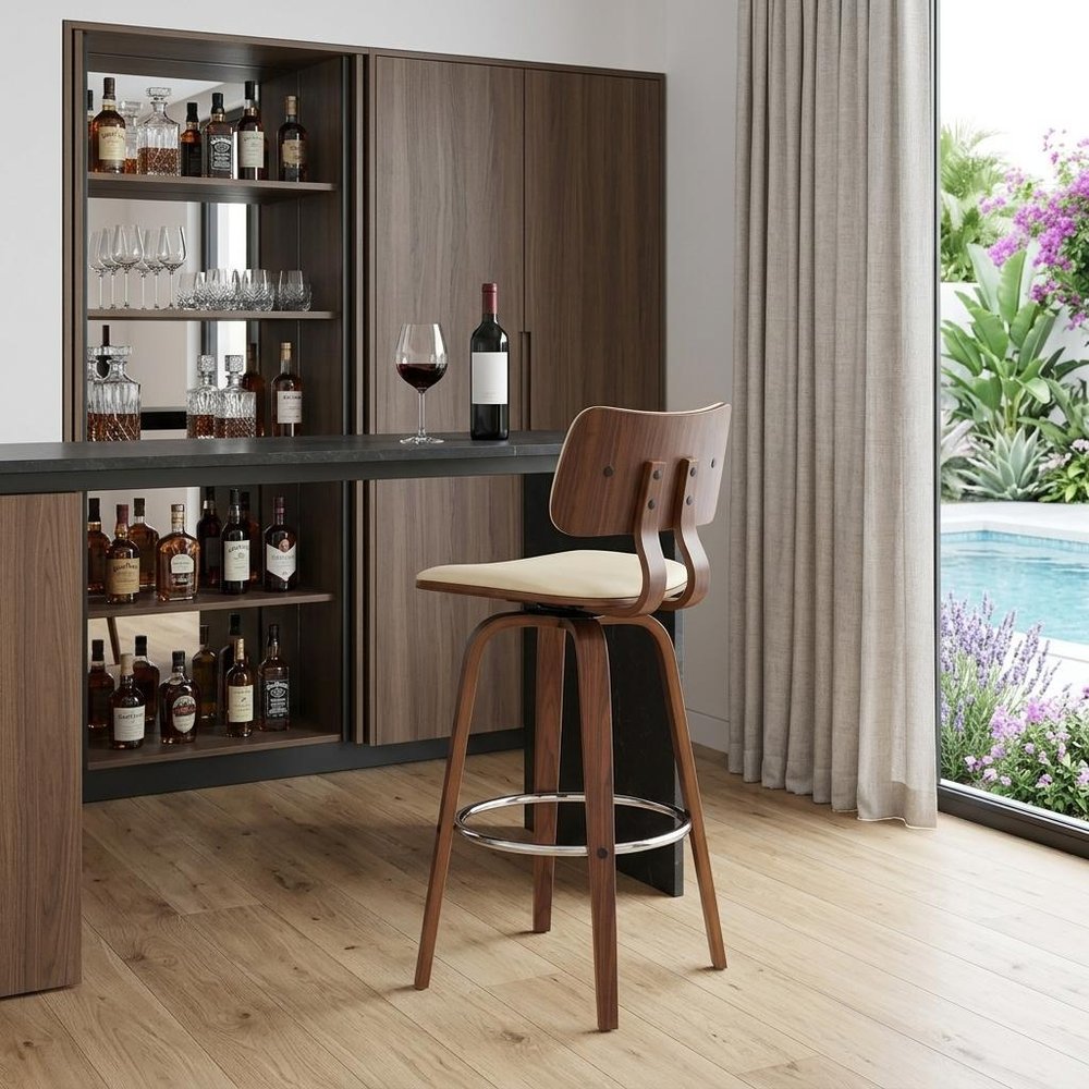 30" Cream And Brown Faux Leather And Fabric And Wood Low Back Bar Height Swivel Bar Chair