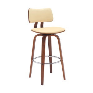 30" Cream And Brown Faux Leather And Fabric And Wood Low Back Bar Height Swivel Bar Chair