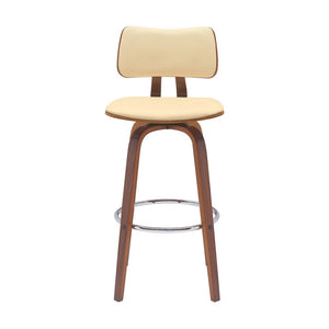 30" Cream And Brown Faux Leather And Fabric And Wood Low Back Bar Height Swivel Bar Chair