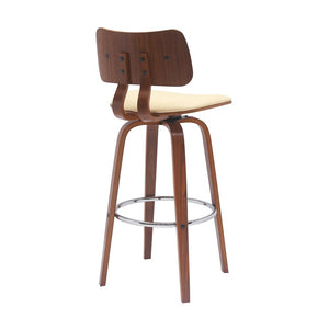 30" Cream And Brown Faux Leather And Fabric And Wood Low Back Bar Height Swivel Bar Chair