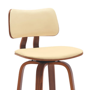 30" Cream And Brown Faux Leather And Fabric And Wood Low Back Bar Height Swivel Bar Chair