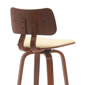 30" Cream And Brown Faux Leather And Fabric And Wood Low Back Bar Height Swivel Bar Chair
