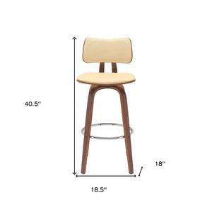 30" Cream And Brown Faux Leather And Fabric And Wood Low Back Bar Height Swivel Bar Chair
