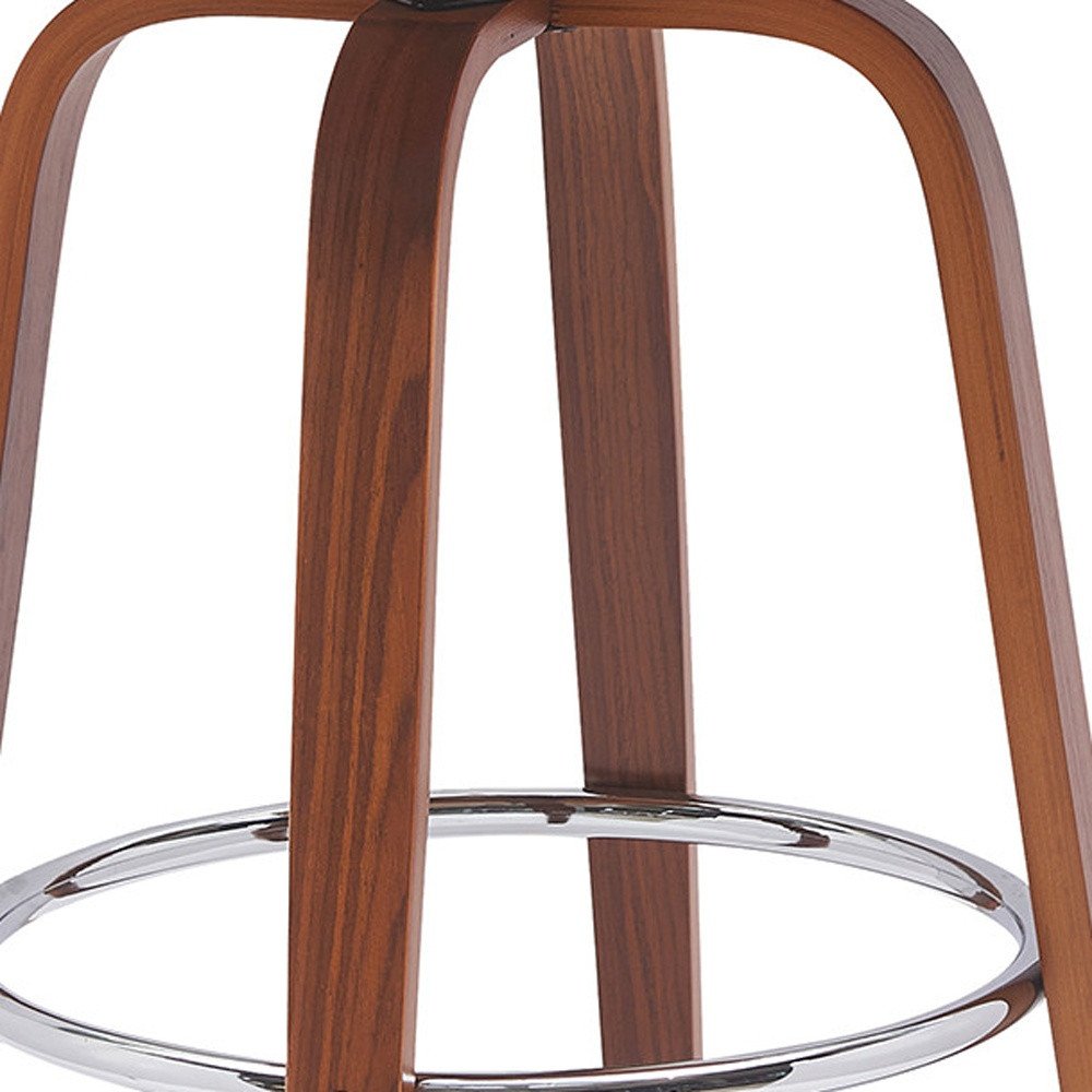 30" Cream And Brown Faux Leather And Fabric And Wood Low Back Bar Height Swivel Bar Chair