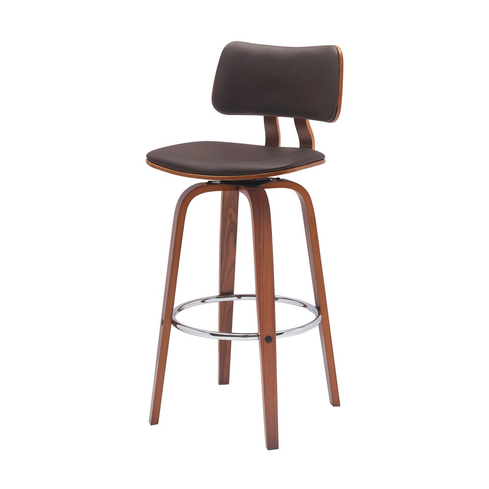 30" Brown Faux Leather And Fabric And Wood Low Back Bar Height Swivel Bar Chair