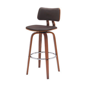 30" Brown Faux Leather And Fabric And Wood Low Back Bar Height Swivel Bar Chair