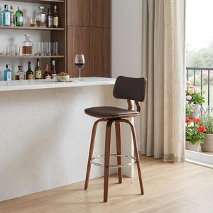 30" Brown Faux Leather And Fabric And Wood Low Back Bar Height Swivel Bar Chair