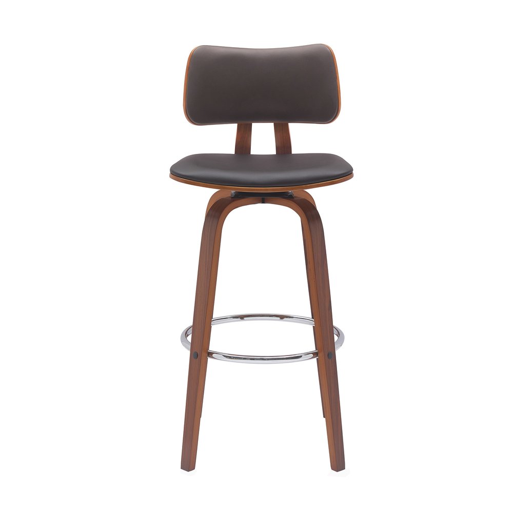 30" Brown Faux Leather And Fabric And Wood Low Back Bar Height Swivel Bar Chair