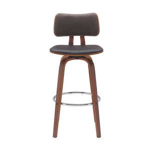 30" Brown Faux Leather And Fabric And Wood Low Back Bar Height Swivel Bar Chair