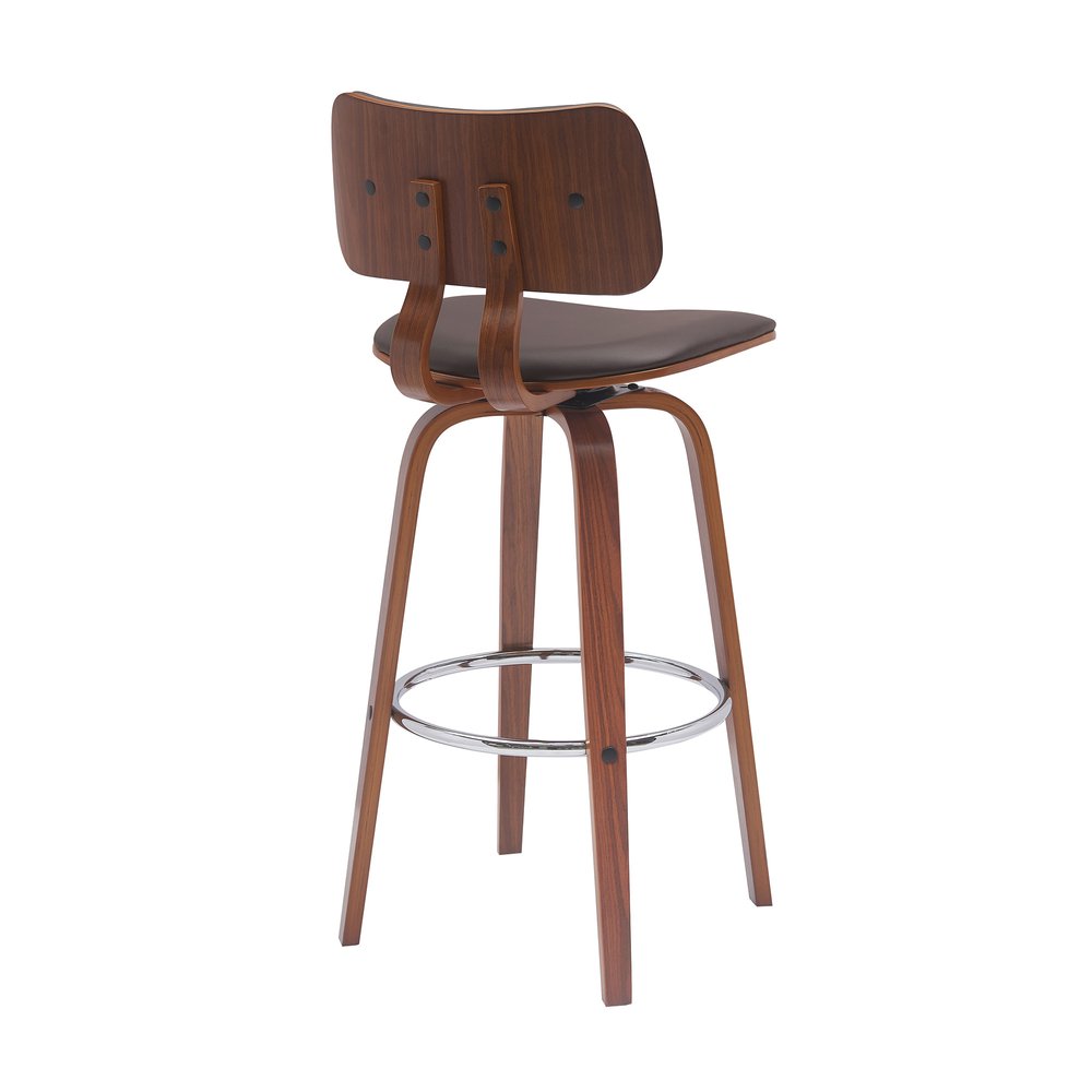 30" Brown Faux Leather And Fabric And Wood Low Back Bar Height Swivel Bar Chair