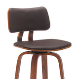 30" Brown And Wood Brown Faux Leather Swivel Low Back Bar Height Bar Chair