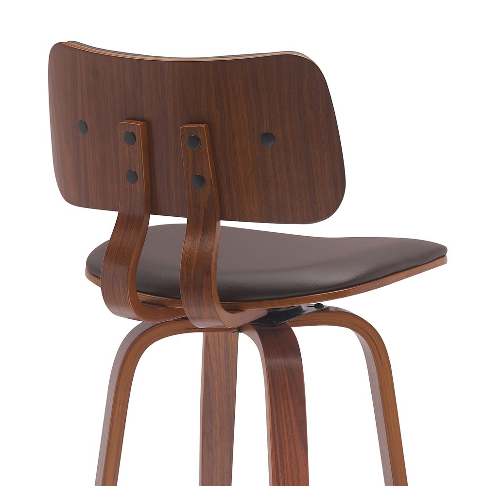 30" Brown Faux Leather And Fabric And Wood Low Back Bar Height Swivel Bar Chair