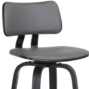 30" Gray And Black Faux Leather And Fabric And Wood Low Back Bar Height Swivel Bar Chair