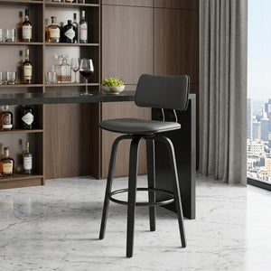 30" Gray And Black Faux Leather And Fabric And Wood Low Back Bar Height Swivel Bar Chair