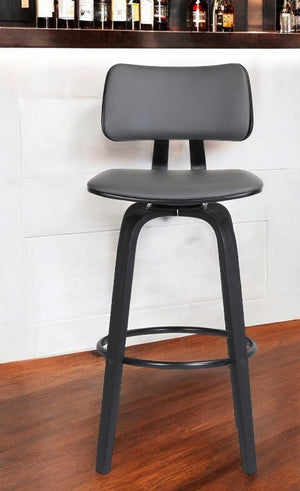 30" Gray And Black Faux Leather Swivel Low Back Bar Height Bar Chair