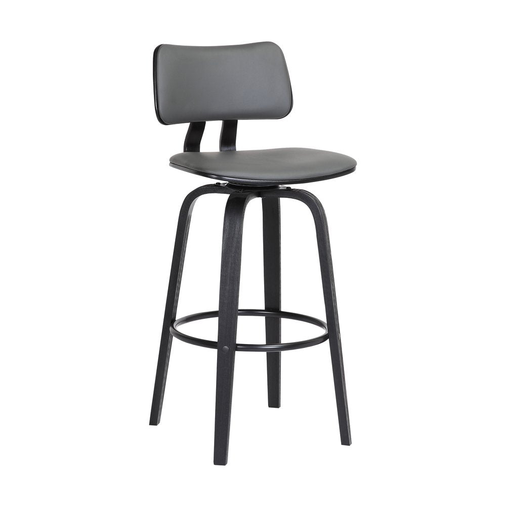 30" Gray And Black Faux Leather And Fabric And Wood Low Back Bar Height Swivel Bar Chair