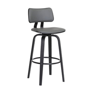 30" Gray And Black Faux Leather And Fabric And Wood Low Back Bar Height Swivel Bar Chair