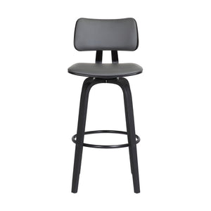 30" Gray And Black Faux Leather And Fabric And Wood Low Back Bar Height Swivel Bar Chair