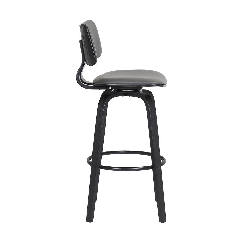 30" Gray And Black Faux Leather And Fabric And Wood Low Back Bar Height Swivel Bar Chair