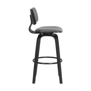 30" Gray And Black Faux Leather And Fabric And Wood Low Back Bar Height Swivel Bar Chair