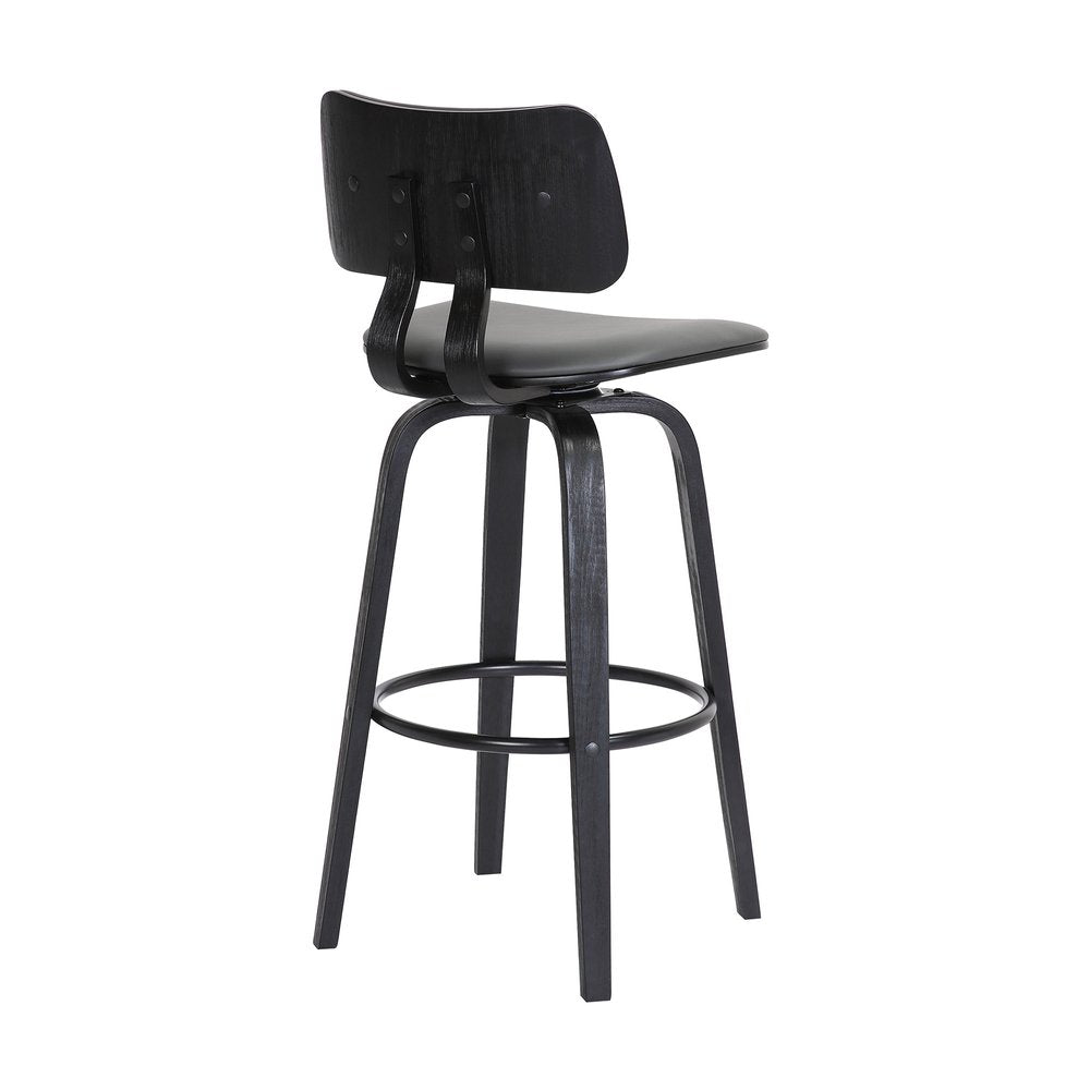 30" Gray And Black Faux Leather And Fabric And Wood Low Back Bar Height Swivel Bar Chair