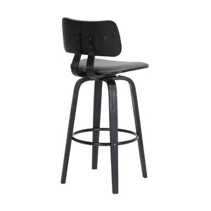 30" Gray And Black Faux Leather And Fabric And Wood Low Back Bar Height Swivel Bar Chair