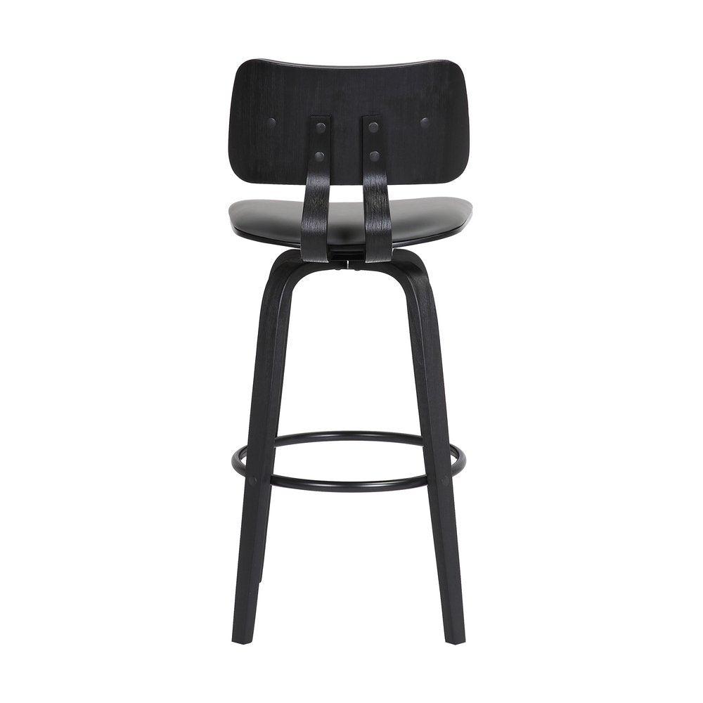 30" Gray And Black Faux Leather And Fabric And Wood Low Back Bar Height Swivel Bar Chair