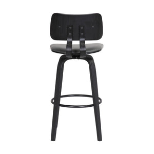 30" Gray And Black Faux Leather And Fabric And Wood Low Back Bar Height Swivel Bar Chair