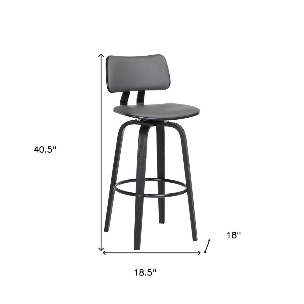 30" Gray And Black Faux Leather And Fabric And Wood Low Back Bar Height Swivel Bar Chair